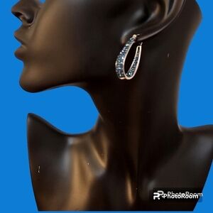 Sterling Silver Navy Blue Crystal Old Hollywood Huggie Hoop Earrings FLAWED